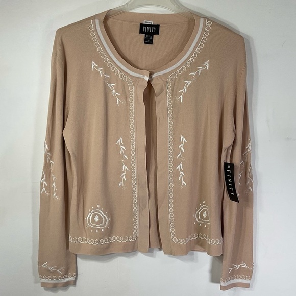 Finity Tan Embroidered Cardigan Sweater M‎ Neutral Nude Lightweight - Picture 2 of 10